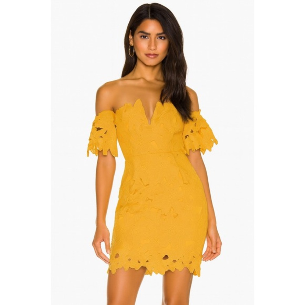 Few Moda  Allison‎ Yellow Floral Lace Off Shoulder V Neck Mini Dress Size S